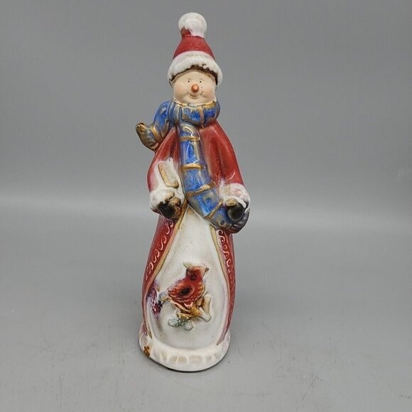 Christmas Winter Ceramic Snowman With A Cardinal Bird Glazed Shiny 8" - Picture 1 of 8